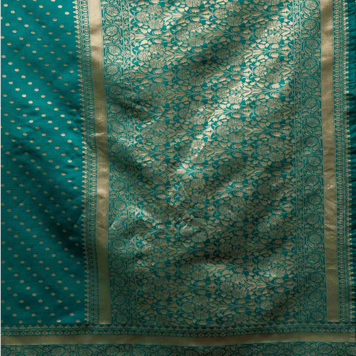Teal Green Silk Woven Banarasi Saree With stitched Blouse - Image 3