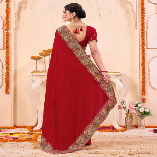 Red Silk Embroidery Embellished Saree - Image 4