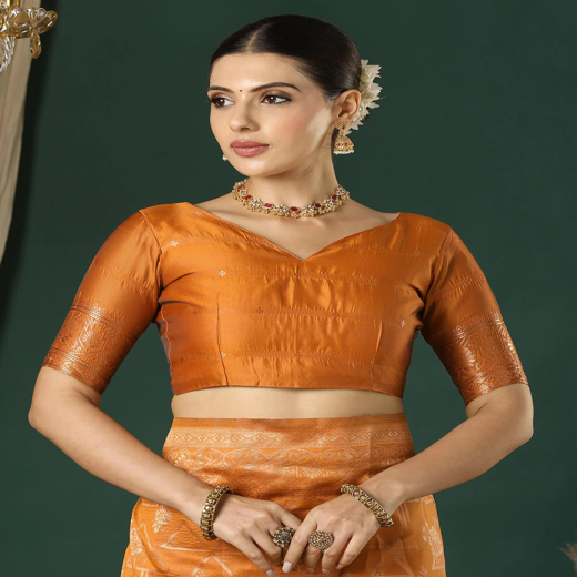 Dusty Orange Silk Woven Banarasi Saree - Image 2