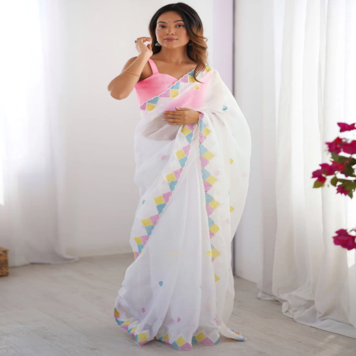 White Shimmer Sequence Embroidery Saree