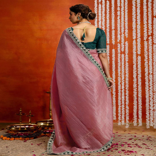 Dusty Rose Pink Crush Tissue Sequence Lace Saree - Image 4