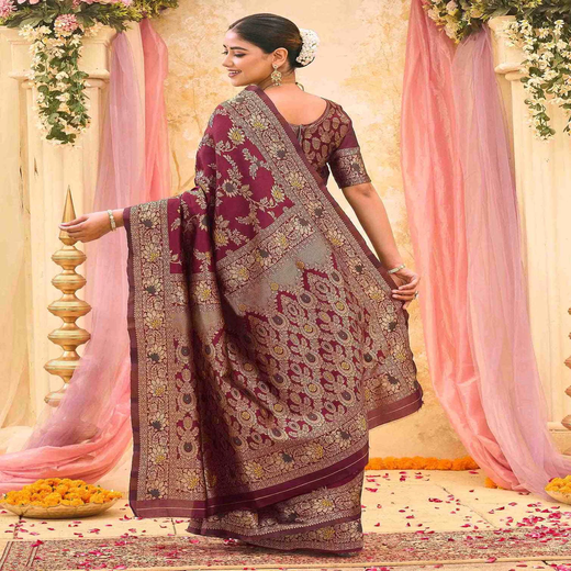 Maroon Silk Woven Banarasi Saree - Image 4