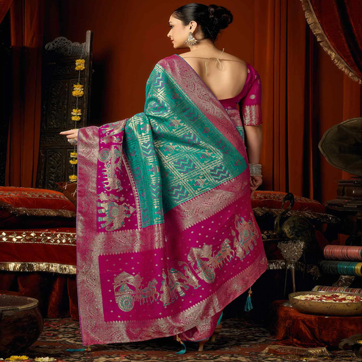 Teal Blue Silk Woven Banarasi Saree - Image 4
