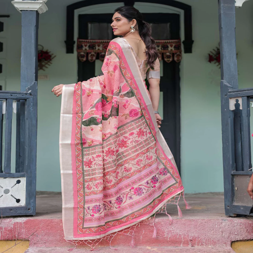 Pink Linen Printed Saree - Image 4