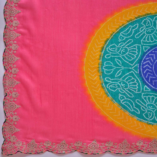 Pink Chiffon Bandhani Printed Embroidery Saree - Image 3