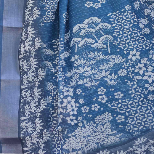 Dark Blue Linen Printed Saree - Image 3