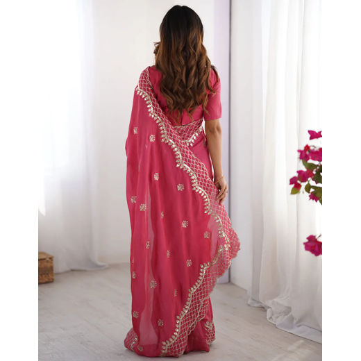 Rose Pink Silk Sequence Embroidery Saree - Image 4