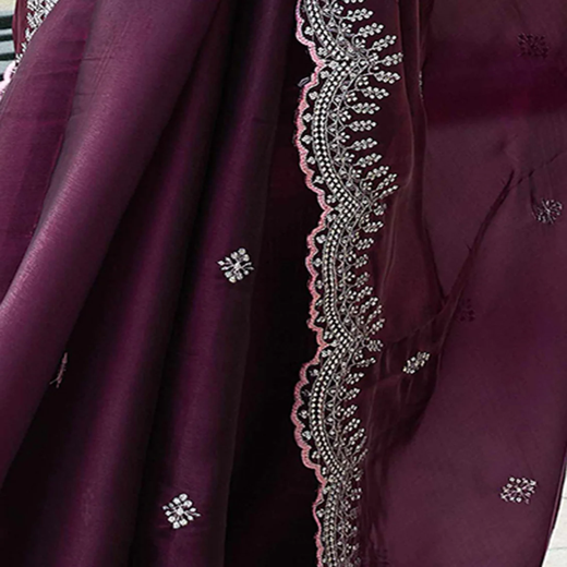 Wine Tissue Silk Sequence Embroidery Saree - Image 3