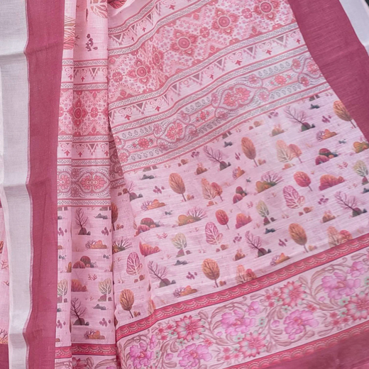 Light Rose Pink Linen Printed Saree - Image 3