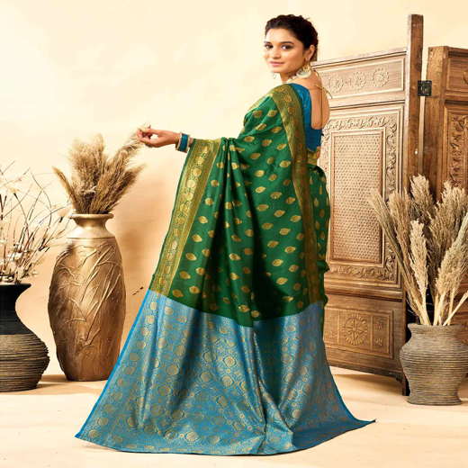 Dark Green Silk Woven Banarasi Saree - Image 4