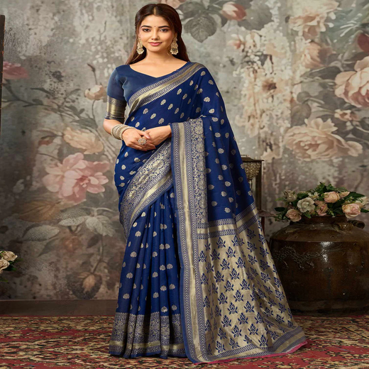 Navy Blue Silk Woven Banarasi Saree