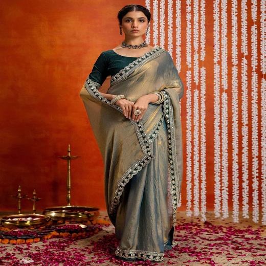 Teal Blue Crush Tissue Sequence Lace Saree