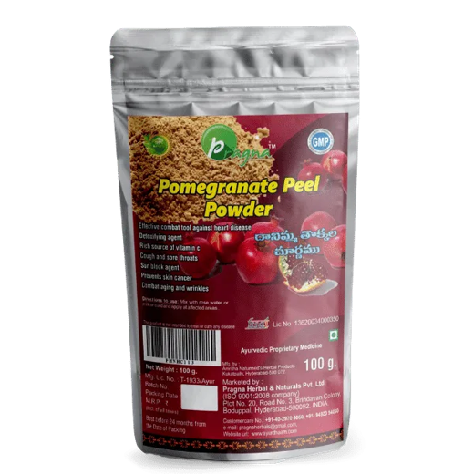 Pragna Pomegranate Peel Powder is 100% pure and natural. Pomegranate peels are high in Vitamin C and are beneficial for skin and hair health, as well as fighting acne, pimples, and rashes.