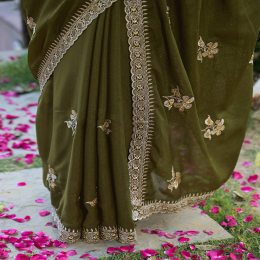 Mahendi Green Shimmer Embroidery Saree - Image 3