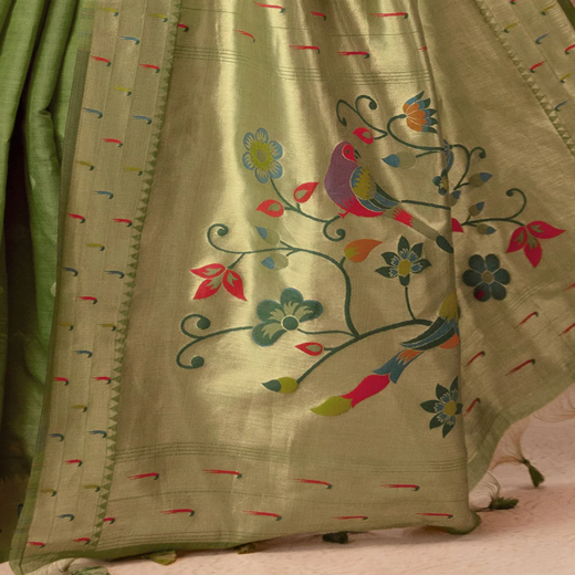 Green Chanderi Cotton Woven Paithani Saree - Image 3