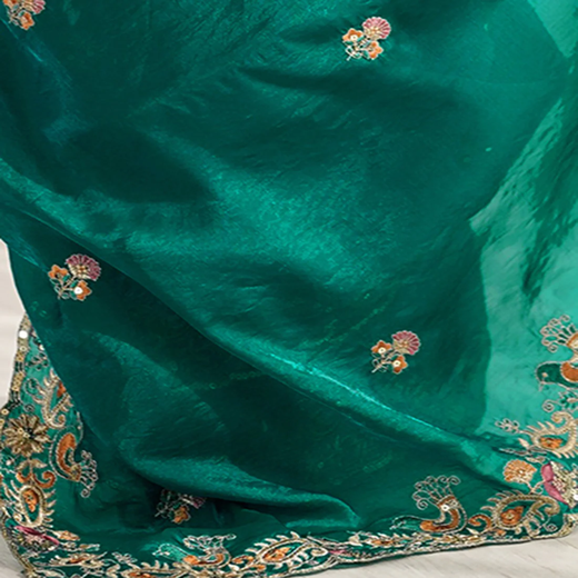 Teal Green Silk Embroidery Saree - Image 3