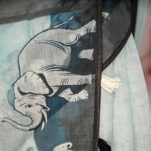 Light Mint Blue Linen Printed Zari Border Saree - Image 3