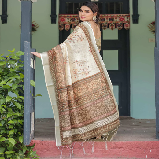 Cream Linen Printed Saree - Image 4