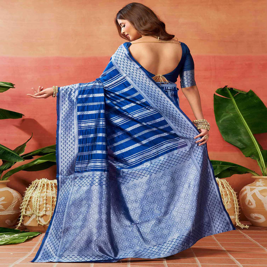 Blue Silk Woven Banarasi Saree - Image 4