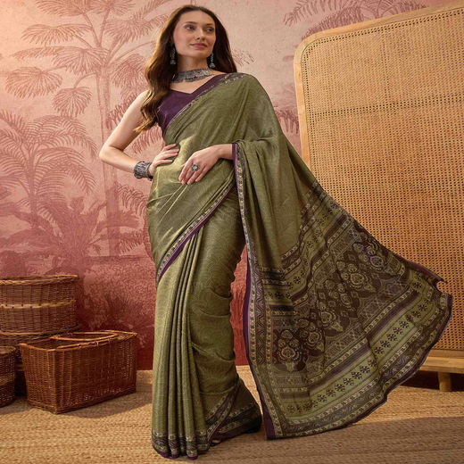 Mehndi Green Crepe Silk Printed Saree