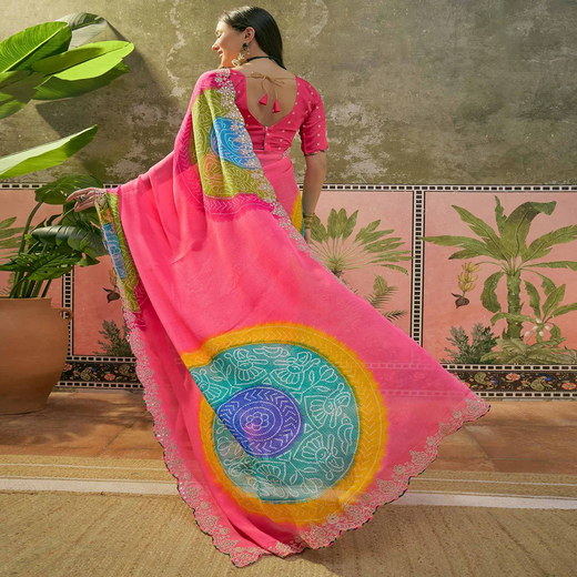 Pink Chiffon Bandhani Printed Embroidery Saree - Image 4