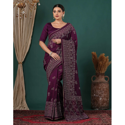 Dark Purple Silk Printed Saree