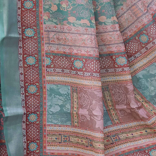 Dusty Dark Green Linen Printed Saree - Image 3
