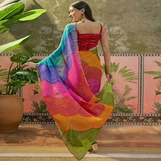 Multicoloured Chiffon Bandhani Printed Embroidery Saree - Image 4