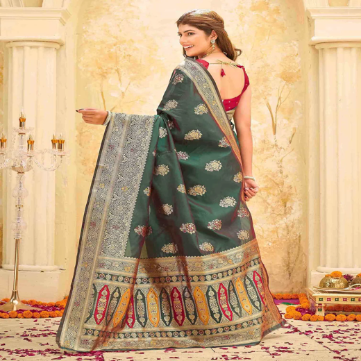 Green Silk Woven Banarasi Saree - Image 4