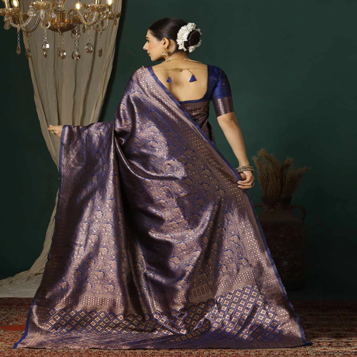Navy Blue Silk Woven Banarasi Saree - Image 4
