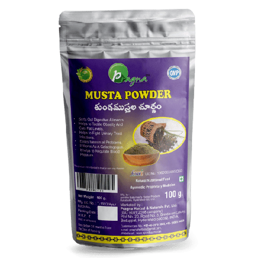 Pragna Musta Powder is 100% pure and natural. The benefits of musta powder include the preservation of body fluids and the maintenance of a normal body temperature.