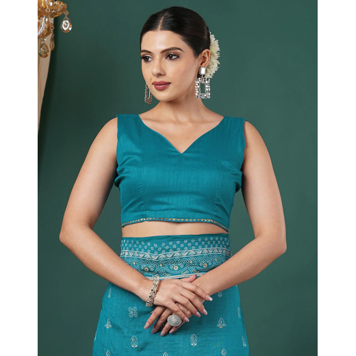Teal Blue Silk Printed Saree - Image 2