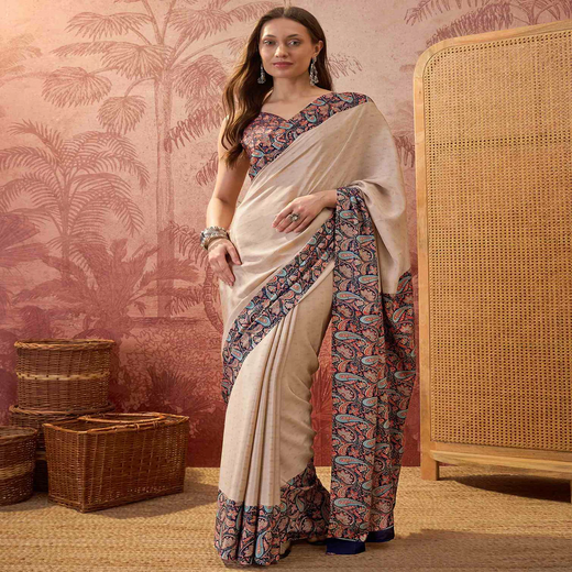 Beige Crepe Silk Printed Saree