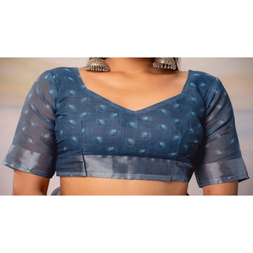 Dusty Blue Linen Printed Zari Border Saree - Image 2