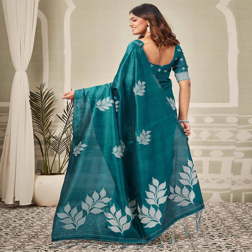 Teal Blue Silk Woven Saree - Image 4