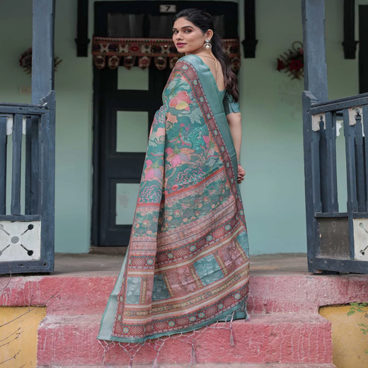 Dusty Dark Green Linen Printed Saree - Image 4