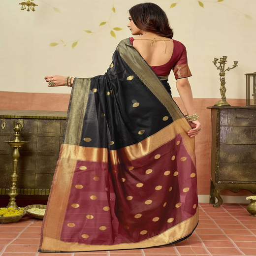 Black Silk Woven Saree - Image 4