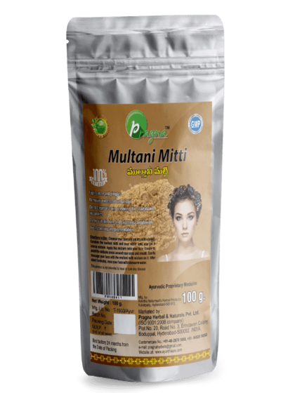 Pragna’s Multani Mitti Powder is 100% pure and natural. It helps in the treatment of acne and pimples. Excess sebum and oil are removed. - Image 3