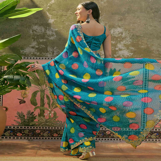 Turquoise Blue Chiffon Bandhani Printed Embroidery Saree - Image 4