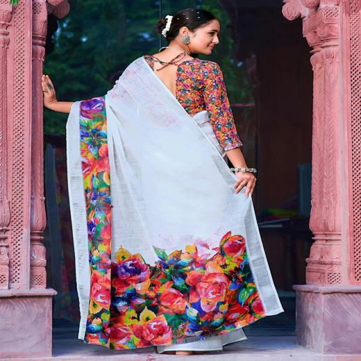 White Cotton Linen Printed Saree - Image 4