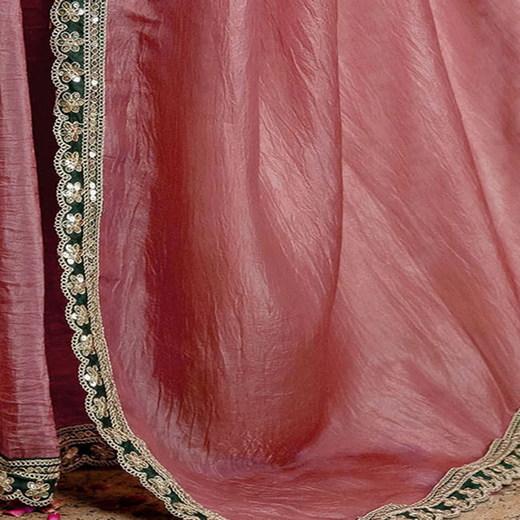 Dusty Rose Pink Crush Tissue Sequence Lace Saree - Image 3