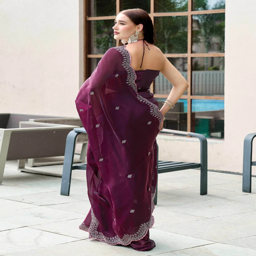 Wine Tissue Silk Sequence Embroidery Saree - Image 4