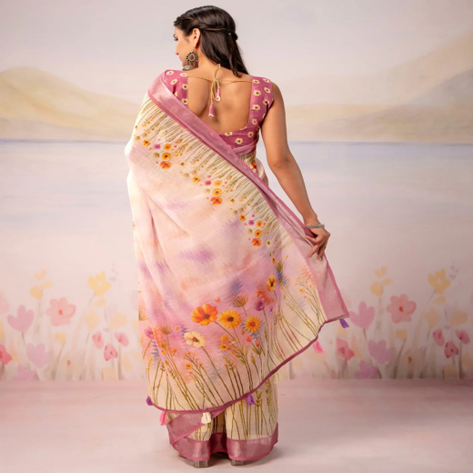 Light Pink Linen Printed Zari Border Saree - Image 4