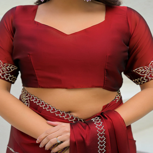 Maroon Silk Stone Work Swarovski Saree - Image 2
