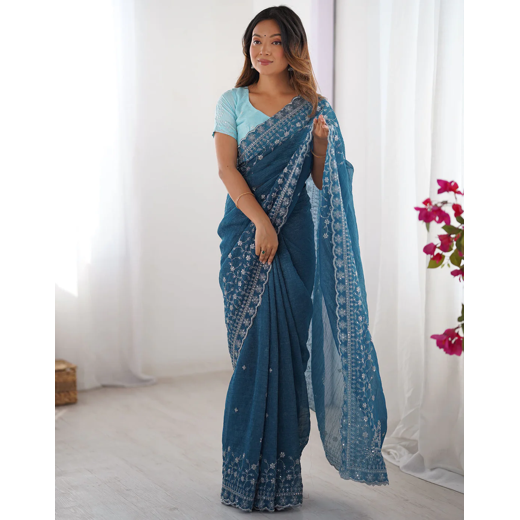 Rama Blue Silk Sequence Embroidery Saree