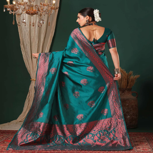 Rama Green Silk Woven Banarasi Saree - Image 4