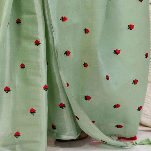 Mint Green Cotton Silk Embroidery Saree - Image 3