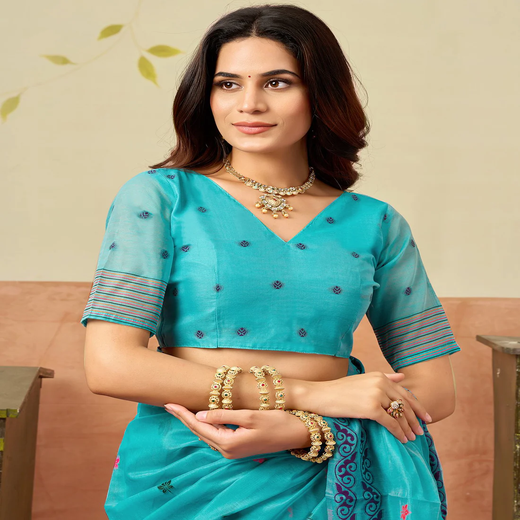 Turquoise Blue Chanderi Woven Saree - Image 2