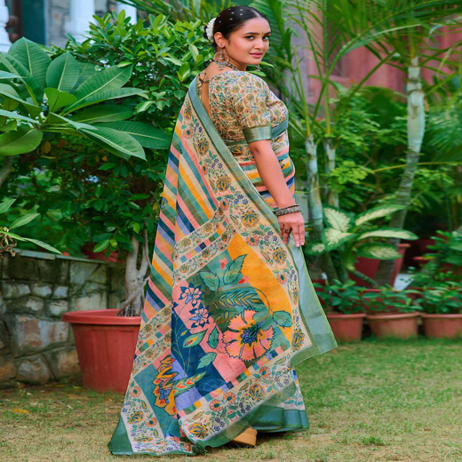 Cream Cotton Linen Printed Saree - Image 4
