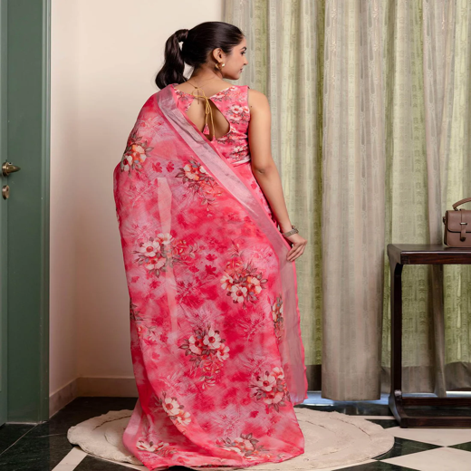 Ready To Wear Rose Pink Linen Woven Border Floral Printed Saree - Image 4